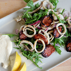 Pan-fried squid and chorizo salad